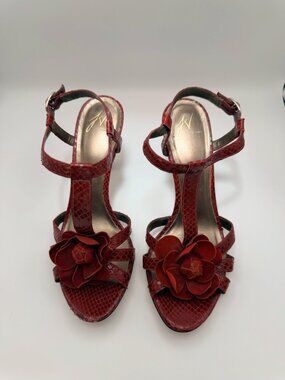 J. Vincent Red Leather Floral Strappy Heels Sandals Size 9M